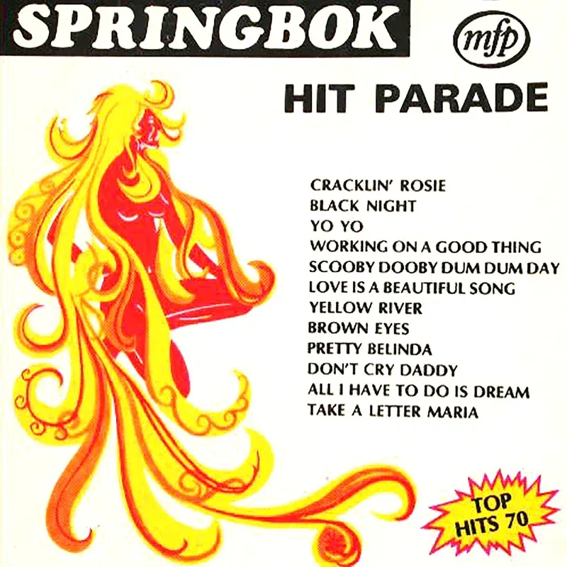 Cover of the Springbok Hit Parade LP, 1970, on the MFP label, listing twelve chart hits.
