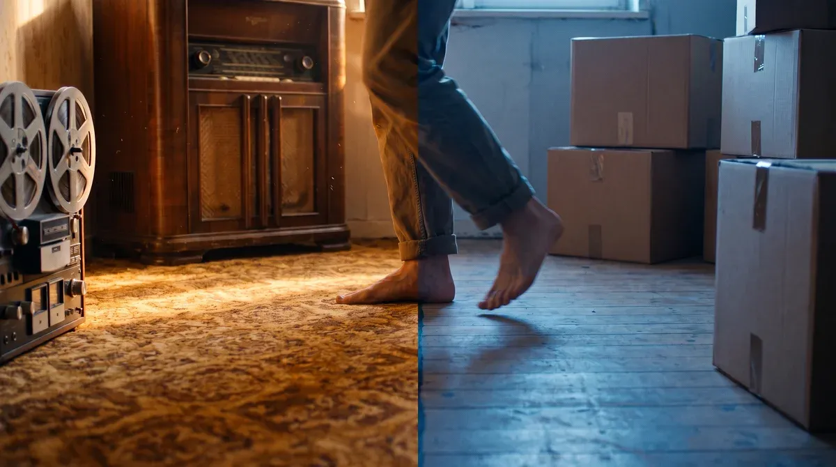 One room lit as two times: a 1978 lounge with a reel-to-reel on the left, moving boxes at dusk on the right, and bare feet mid-step across the seam.