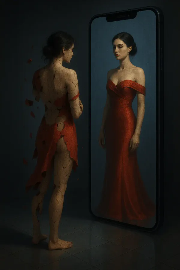 A fragmented woman in a tattered red dress stands barefoot before a towering digital mirror styled like a modern iPhone.