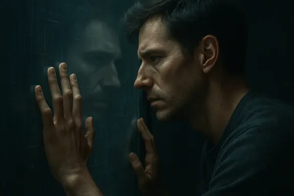 A man touches glass, staring at his reflection—searching, fragmented, caught between illusion and the ache to be known.
