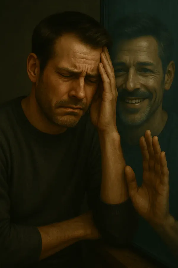A thoughtful man with a subtle second face reflected conveying the tension between the fleshly and spiritual mind.