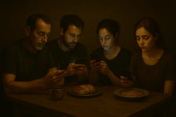 A digital realist painting of four people seated at a dinner table.