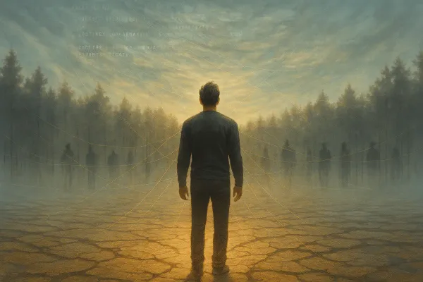 Man on cracked earth faces misty forest in golden light, digital threads connecting him to distant shadowy figures.
