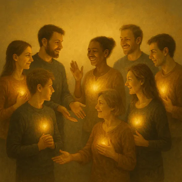 Seven people stand in a warm, glowing circle, each holding a light at their chest, sharing smiles and connection.