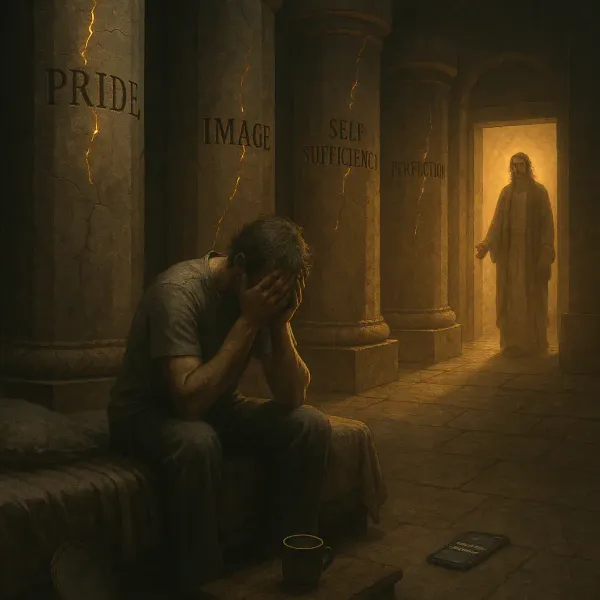 Man sits distressed, head in hands, among cracked pillars; Pride, Image, Self-Sufficiency, Perfection, lit figure approaches.