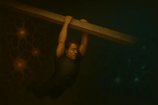 A man hangs from a beam, symbolising the strain and strength required when questioning beliefs.